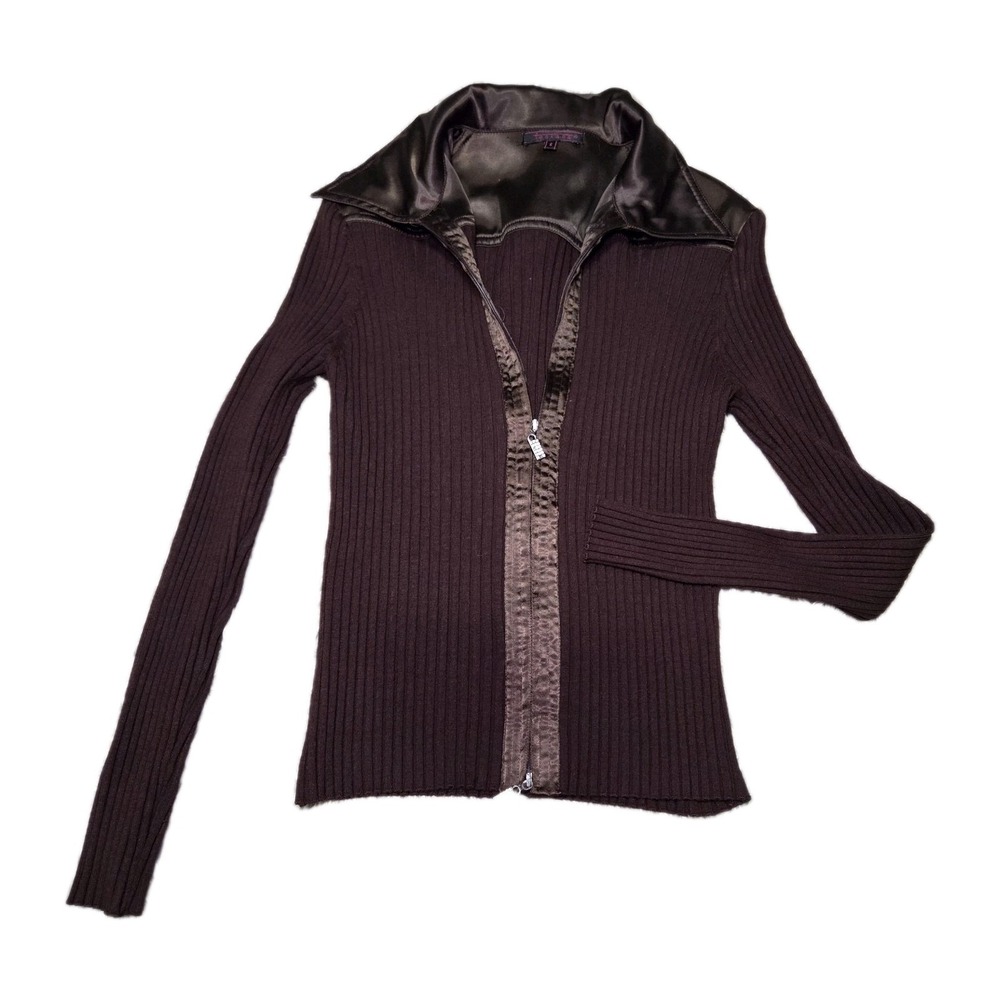 Ribbed Knit Zip Front Top Brown Satin Trim Long Sleeve Fitted Jacket‎ S Sweater